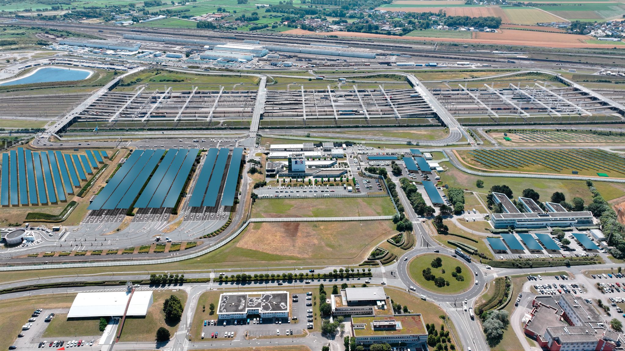 Image d'architecte de l'installation future des panneaux solaires sur le terminal de Coquelles