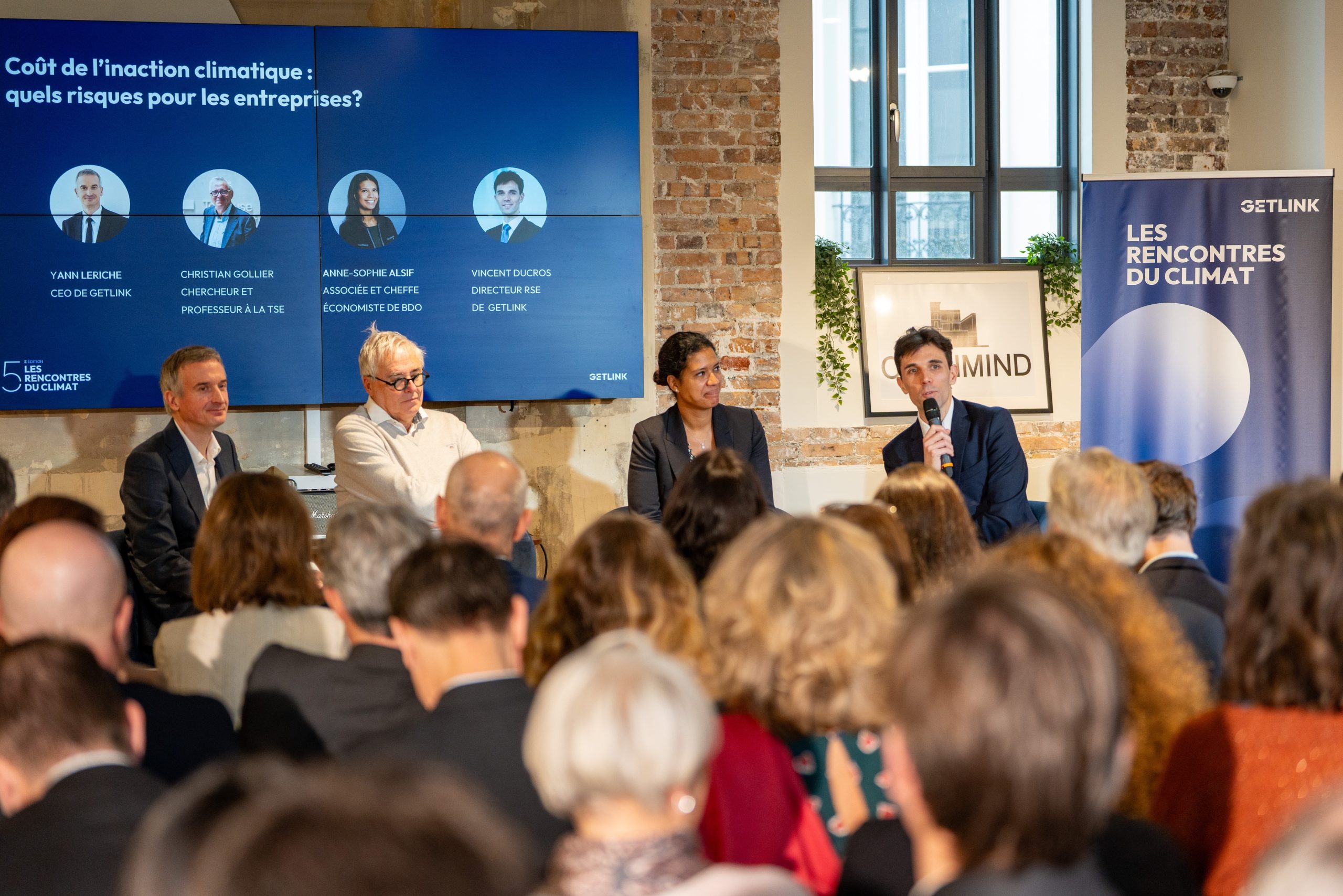 Photo des panélistes de la Rencontre du Climat : Yann Leriche, Christian Gollier, Anne-Sophie Alsif et Vincent Ducros