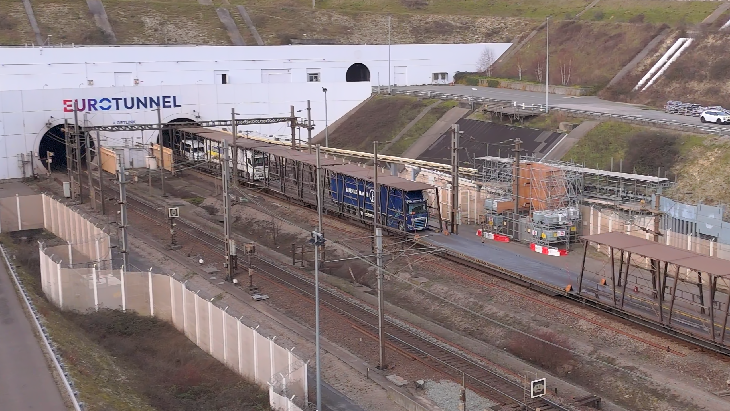 e-truck on a LeShuttle Freight shuttle exiting the Channel Tunnel